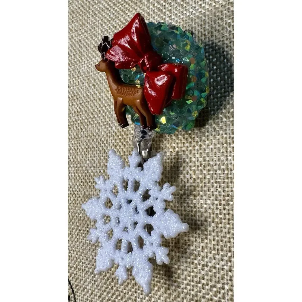 Christmas Deer and Bow Retractable Badge Reel ID Badge Holder Handmade